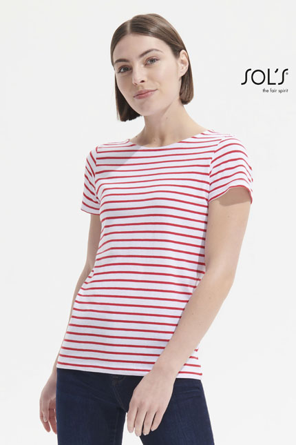 Miles Women - 01399 ΜΠΛΟΥΖΕΣ / SOLS Γυναικείο ριγέ T-shirt Περιγραφή: Το Miles Women T-shirt διαθέτει κοντά μανίκια, πλαϊνές ραφές και στρογγυλή λαιμόκοψη, ενώ οι λεπτομέρειες υφάσματος τύπου τζιν στη λαιμόκοψη προσθέτουν στυλ. Με εφαρμοστή γραμμή, είναι τέλειο για καθημερινές εμφανίσεις. Σύνθεση: Jersey 150g/m² - 100% Βαμβάκι Ringspun πενιέ || Ash: 98%βαμβάκι/2%βισκόζη  - Επικοινωνήστε μαζί μας για να βρούμε μαζί αυτό που θέλετε.  Εφαρμογή ως Επαγγελματική Ένδυση: Ιδανικό για επαγγελματικές περιστάσεις όπως γραφεία ή κοινωνικές εκδηλώσεις, προσφέροντας κομψότητα και άνεση. Υλικό και Άνεση: Κατασκευασμένο από 100% βαμβάκι, προσφέρει απαλή αίσθηση και αερισμό, καθιστώντας το ιδανικό για καθημερινή χρήση. Δυνατότητα Προσαρμογής: Διαθέτει δυνατότητα εκτυπώσεων λογοτύπων ή μηνυμάτων του πελάτη, προσαρμόζοντας την επαγγελματική ένδυση στις ανάγκες σας.  Διαθεσιμότητα σε Χρώματα: Το προϊόν είναι διαθέσιμο σε ποικιλία χρωμάτων, παρέχοντας επιλογές που καλύπτουν διάφορα στυλ και προτιμήσεις.